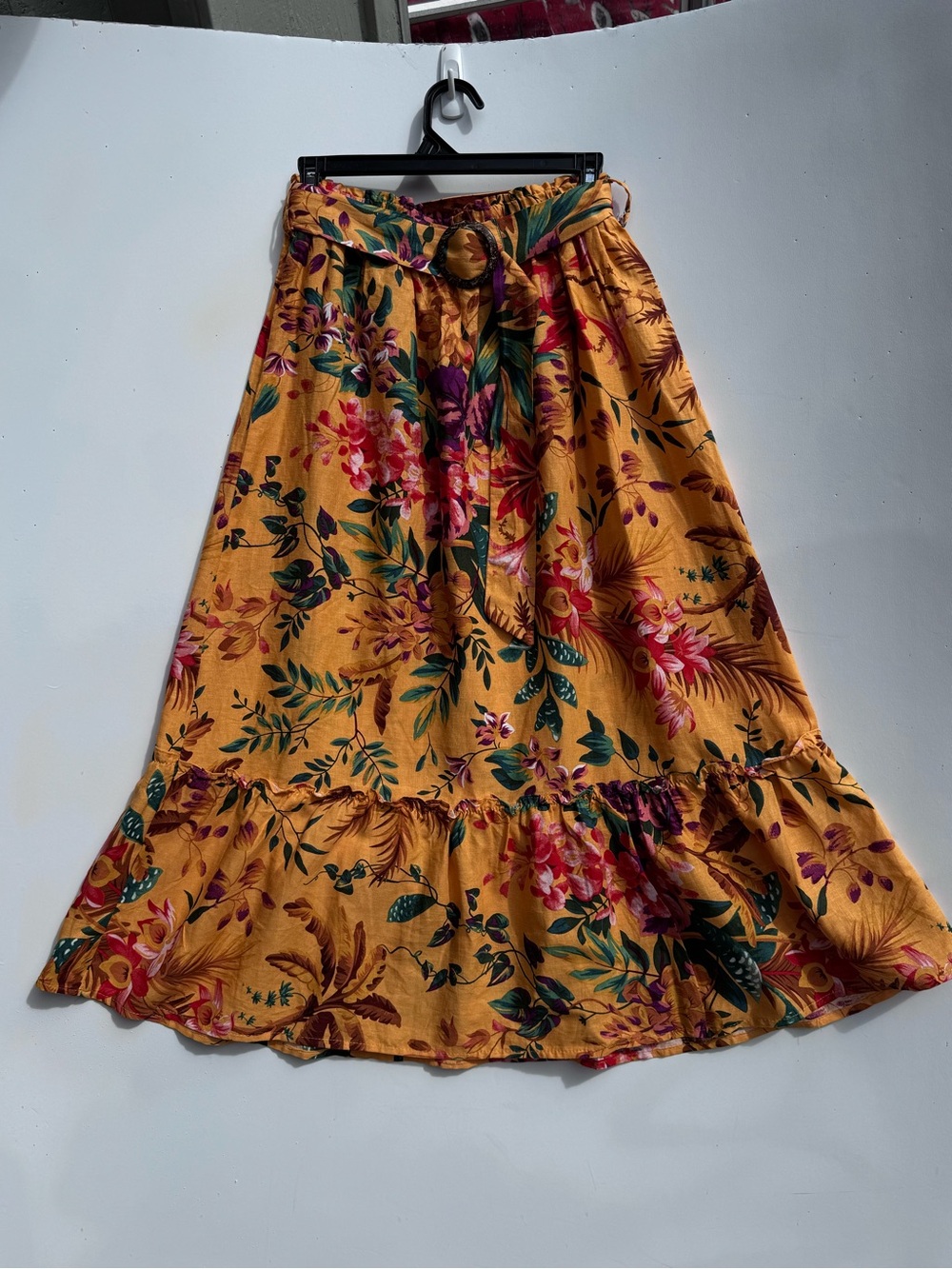 RACHEL Golden Rod Multi Color Floral Bottom 10” Ruffle Maxi Skirt w/Belt SM NWT